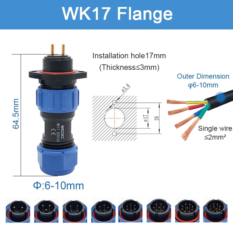 Connettore di alimentazione impermeabile filettato con presa di corrente serie Sp IP68 Wk17 Flangia circolare